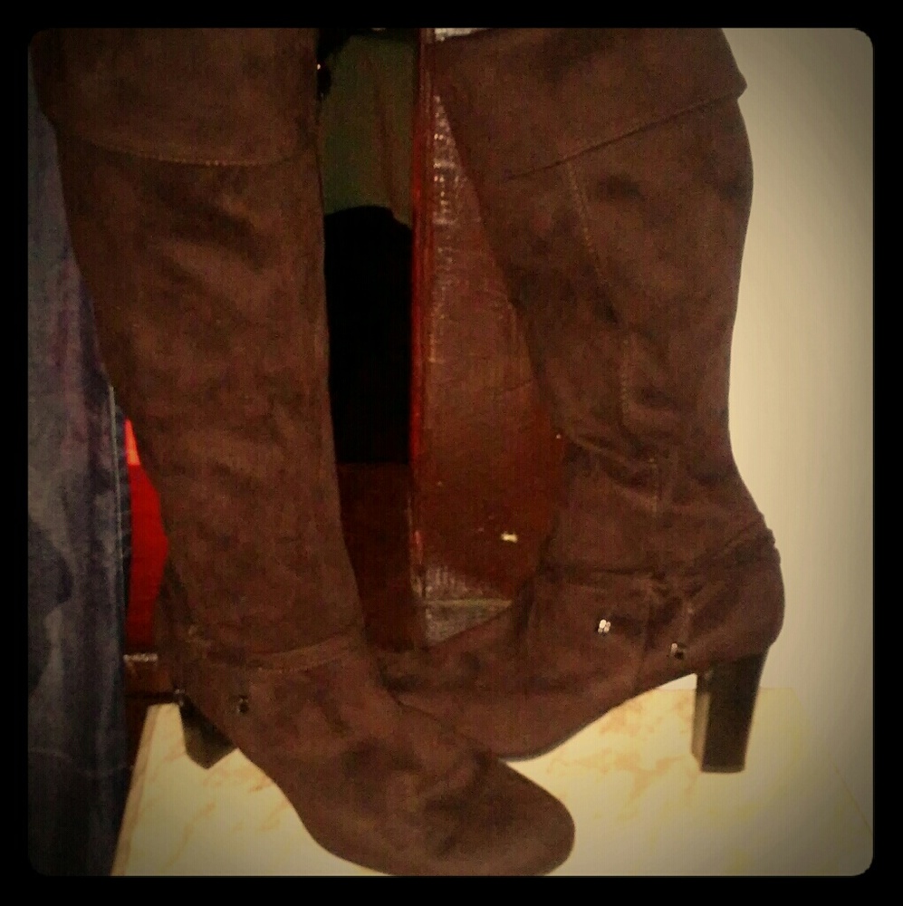Brown suede high heel boots